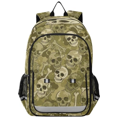 Camouflage Skulls Olive Green Kids Backpack for School, 17 Inches, Boys Elementary Backpack, Backpacks for Travel, Age 6-12