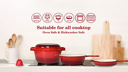 Enameled 2In1 Cast Iron 3 Quart Sauce Pan With Grill Lid Serves As Both Casserole & Stovetop Grill Pan For Gas, Electric & Ceramic Stoves, No Need Seasoning, Red Enamel Sauce Pan For Cooking & Baking #TOP7