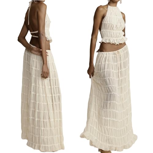 Womens 2 Piece Summer Outfits Chiffon Halter Backless Crop Top and Flowy Tulle Ruffle Maxi Skirt Sets3