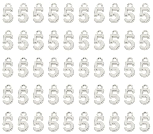 Shapenty Number 5 Charms Alloy Metal Number Charm Pendants for DIY Craft Keychain Brooch Bracelet Wristbands Necklace Earring Jewelry Making Finding, 50PCS (Silver)