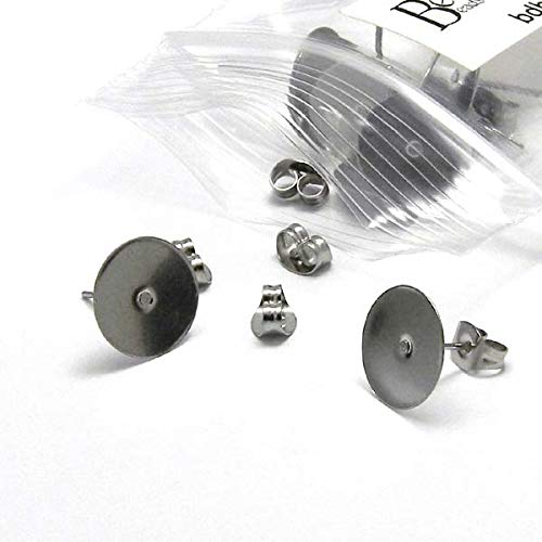 20 Hypo-Allergenic 304 Grade Stainless Surgical Steel Flat Pad Setting Earring Findings with Backs (12mm Pad)