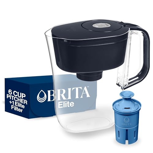 Brita 6 Pitcher filtre Elite avec indicateur de lumière intelligent, réduit 30+ Contaminants, y compris le plomb et les microplastiques, le filtre dure 6 mois, Denali, Noir