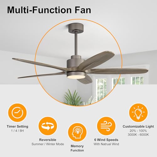 Image of WINGBO 54 inch Ceiling Fan with Light - 5 Carved Solid Wood Blades, 6-Speed Reversible DC Motor, Dimmable, 3CCT, Noiseless Remote Control Ceiling Fans with Lights for Bedroom Living Room, Charcoal Gray