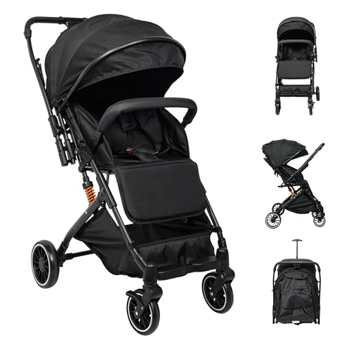 DEYGIA Compact Travel Stroller, Lightweight Baby Stroller with Reversible Handle, Pull Rods, Adjustable Backrest, Canopy, Footrest, Easy One-Hand Foldable and Portable Stroller for Airplane - Black