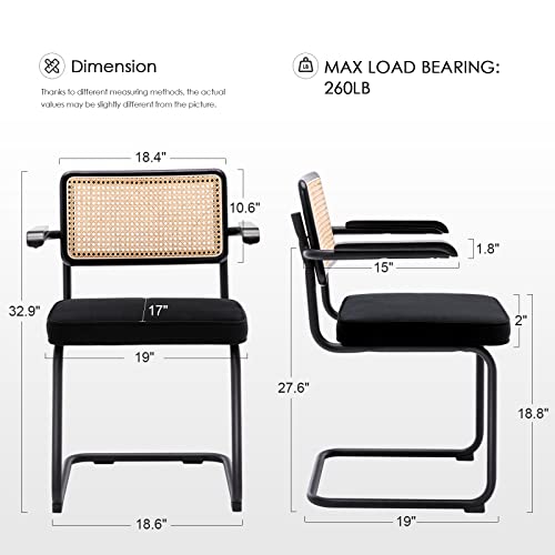 Zesthouse Mid-Century Modern Dining Chairs, Rattan Dining Arm Chairs Set Of 2, Accent Chairs With Metal Chrome Legs And Armrest, Velvet Upholstered Cane Armchairs For Living Room, Kitchen, Black #TOP2