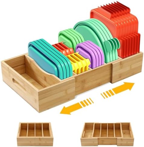 Expandable Food Container Lid Organizers Inside Cabinet, Bamboo L...
