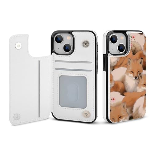 HKMNLEW Many Foxes Print Flip Phone Wallet Case iPhone 13 Mini�p�APU���U�[���C�ϏՌ��d�b�P�[�X�J�o�[ �J�[�h�z���_�[�t��
