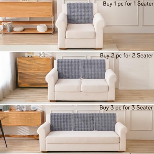Image of HOKIPO 'FurHug' Luxury Faux Rabbit Fur Sofa Backrest Cover with Anti-Slip Backing, Cool Grey (AR-6289-GRY*1S)