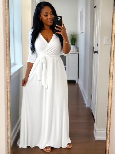 Image of Plus Size Maxi Dress for Women V Neck 3 /4 Sleeve Wrap Dress