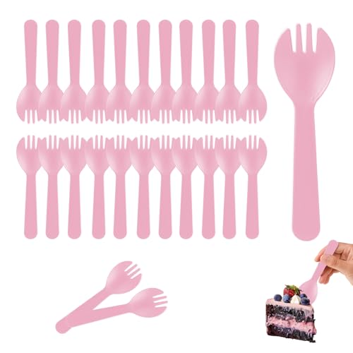 Simpldell 100Pcs Mini Plastic Sporks Individually Wrapped 4.2Inch Pink Disposable Spoon Fork Utensils Combo for Kids Parties Office Snacks Catering Restaurants & To-Go Use