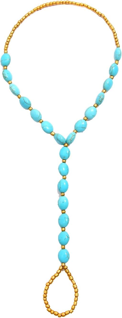 rvm jewels Retro Boho Beaded With Toe Ring Bohemian Style Turquoise Blue Beads Gold Summer Beach Ankle Chains Foot Jewellery For Women And Girls, One Size-picture-8