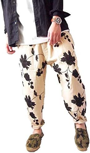 Amazon 9213 7000e 3 L White イージーパンツ メンズ サルエルパンツ ワイドパンツ アンクルパンツ シェフパンツ 花柄 ロングパンツ 通販