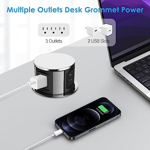 Pop up Outlet for Countertop with USB C,4.7\" Desk Grommet Power Station,3 Outlets,2 USB,Kitchen Island Pop Up Electrical Outlet, Office Power Supply - Thumbnail 2