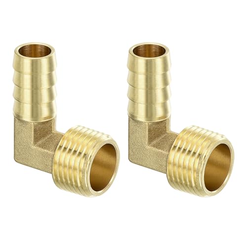 sourcing map Brass Hose Barbed Elbow Fitting 2pcs 1/2" Barbx1/2 NPT Male 90 Degree Brass Barb Pipe Fitting for Water Fuel Air