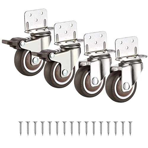 1.5 Inches Swivel Plate Casters with Brake, TPE Caster 4 Pcs, L- Shaped Caster Wheels for Baby Bed, Trolley, Kitchen Cabinet, Furniture, Table, Rotate 360 Degrees, Loading Capacity 200 Lbs
