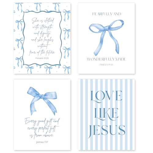 Buildinest Blue Coquette Room Decor of Bow Pictures, 4PCS Bible Verses Wall Decor, Preppy Posters for 10x8 Inch Set for Bedroom and Light Bule Bow Dorm Decor Room Decor For Teen Girls - A01