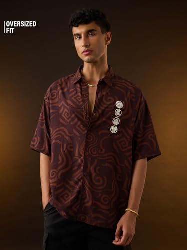 Image of The Souled Store Avatar: Elements Men and Boys Short Sleeves Collared Neck Button Front Brown Embroidered Rayon Oversized Shirts