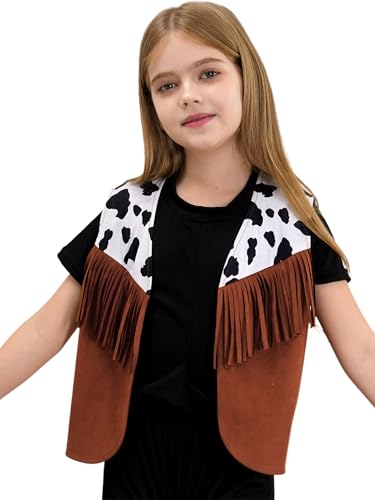 Girls Boys Sleeveless Cow Print Fringed Cowboy Cowgirl Vest Waistcoat for Kids Western Party Dress Up3