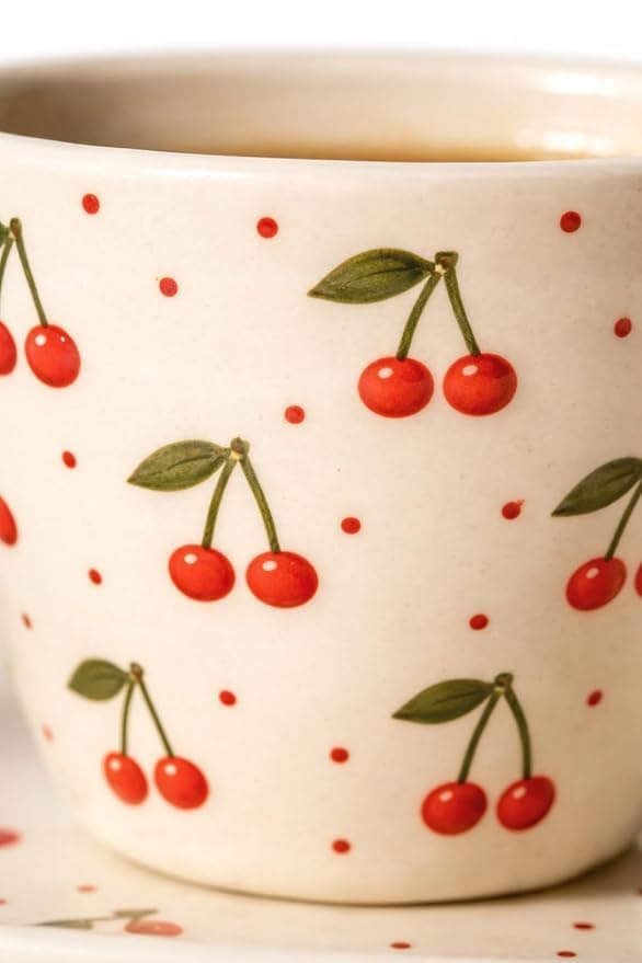 Image of OCEAN STORE Ceramic Cherry Print Tea Cup with Saucer 250 ml | Aesthetic Coffee Cup Set | Cute Printed Ceramic Mug | Glossy Finish Cup for Home, Office & Cafe (2)