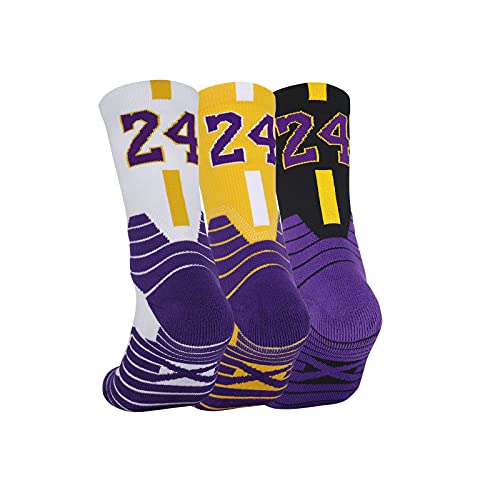 Pimaja Mens Basketball Socks - 3 Pairs for Fans Player Jersey Number Crew Socks - Purple Size 7-12 Yf-3p24-us