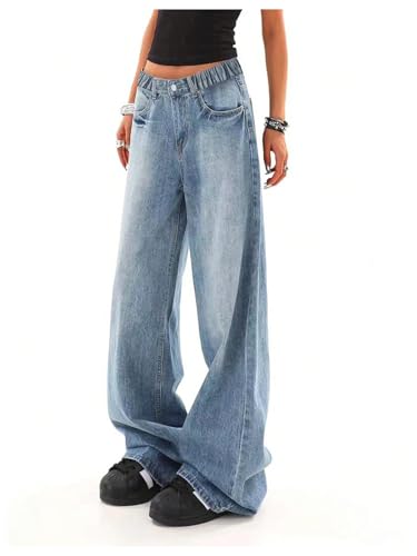 SweatyRocks Girl's Wide Leg Denim Pants Elastic Waist Loose Y2K Jeans Long Trousers3