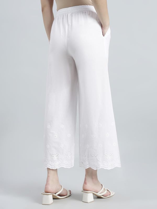 Image of GO COLORS Women Cotton Hakoba Wide Pant Ankle Length, Floral Embroidery, Relaxed Fit, Mid-Rise with Side Pocket