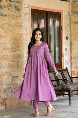Image of Women's Dhanna Fashion Long Cut Salwar Suit with White Polka Dots,Full Sleeves, V-Neck,, Rayon