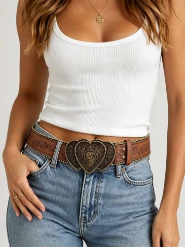 Image of Yalice Western Brown Belt for Women Vintage Cowgirls Leather Jeans Belts with Embossed Buckle
