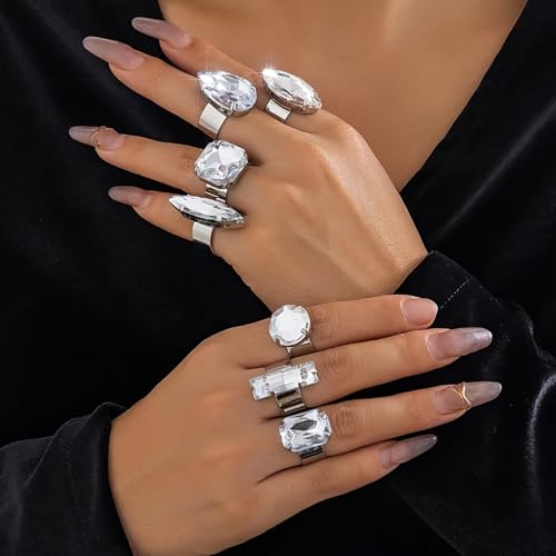 Vivian&CD Silver Chunky Cubic Zirconia Rings Set for Women, Open Adjustable Stackable Non-Tarnish Chunky Knuckle Rings Trendy Fake Diamond Wedding Engagement Promise Eternity Ring Jewelry2