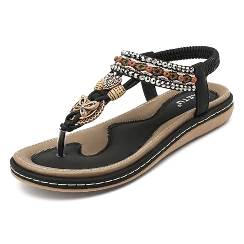 Acfoda Sandales Femme Été Confortable Plats Nu Pieds Cuir Tong de Plage Mode Claquettes Bout Ouvert avec Strass Noir 38