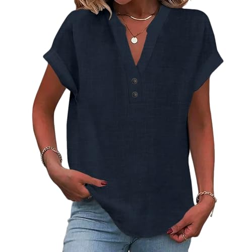 CLOAKA Leinenbluse Damen Sommer Elegante Lyocell Leinen Tshirt Casual Leicht V-Ausschnitt mit Zierknöpfen Locker Bluse Damen Kurzarm