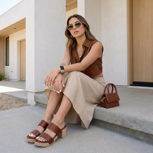 Image of CUSHIONAIRE Sky Platform Sandals for Women, Faux Wood Block Heel Slide with Comfort Foam Footbed and Vegan Leather Straps, Wide Width Available