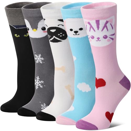 Image of SDBING Womens Cat Socks Cute Gifts Animal Soft Breathable Thin Cotton Casual Crew Socks 5 Pairs