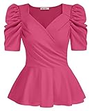 Women Dressy Top Wrap V Neck Elegant Puff Short Sleeve Work Office Shirt Slim Fitting Tunic Tops Magenta XL