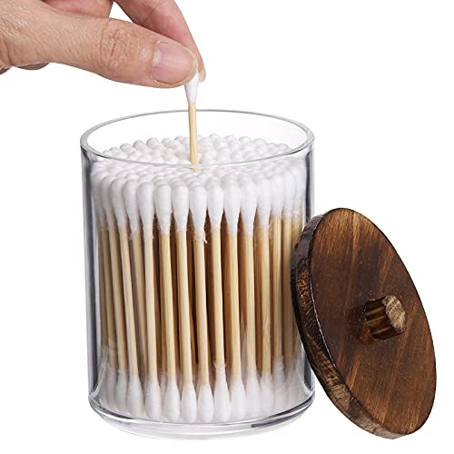Tbestmax-10-Oz-Cotton-SwabBallPad-Holder-Qtip-Apothecary-Jar-Clear-Bathroom-Containers-Dispenser-for-Storage-3-Pack-Brown-Wood-Lids