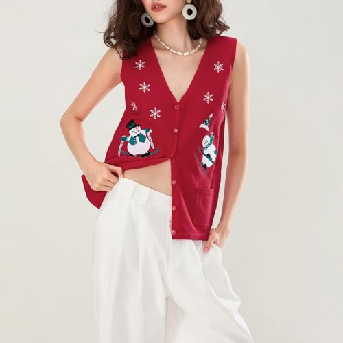 Image of Women Christmas Sweater Vests Santa Claus Print Sleeveless Knit Cardigan Vest Christmas Holiday Tank Top