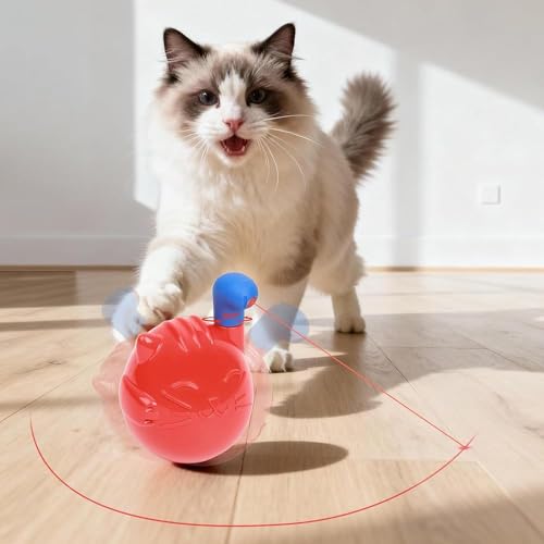 Pet Prime Interaktives Katzenspielzeug, Winkekatze Licht-Spielzeug für Katzen - Automatischer 360° Rotationslicht, Wackeldesign, USB-C-Aufladung (6h Spielzeit), Robuster PP - Rote Glückskatze