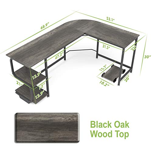 Teraves Reversible L Shaped Desk with Shelves Round Corner Computer Desk Gaming Table Workstation for Home Office