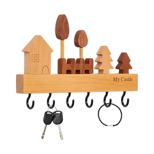 Xiuyer Colgador llaves, Colgador Llaves Pared con 6 Ganchos, Cuelga llaves Pared para Llaveros, Paraguas, Gafas de Sol, Collares de Joyería(Madera en bruto)