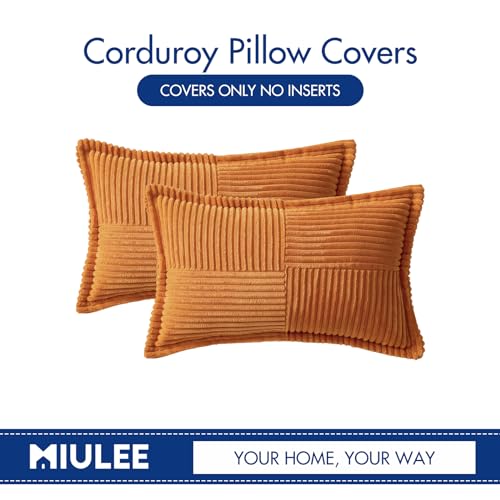 Image of MIULEE Fall Burnt Orange Decorative Lumbar Throw Pillow Covers for Couch Bed Livingroom 12x20 Inch Set of 2 Boho Accent Throw Pllows Broadside Striped Patchwork Soft Corduroy Pillowcases