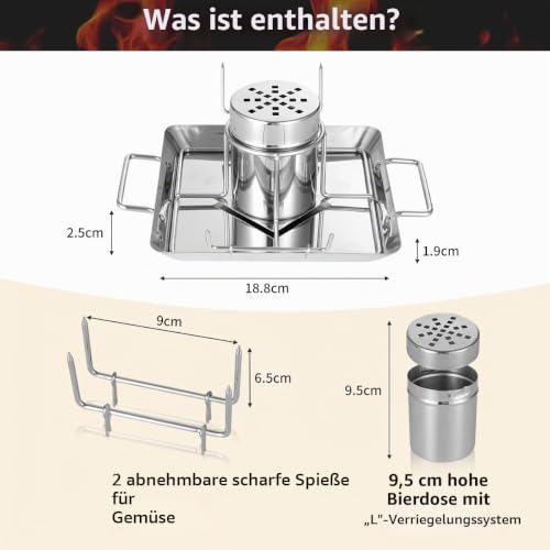 Foto von AMOZO Hähnchenbräter - Edelstahl Hähnchenhalter - Bierdose für Hähnchengrill - Grillzubehör für Barbecue, für Grill im Freien, Ofen - BBQ Accessoire mit 4 Gemüsespießen (KJJ-0001)