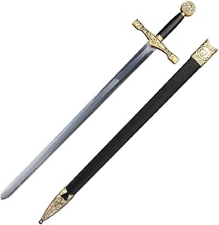 King Arthur Excalibur Long Display Sword Medieval Decorative with Gold-Tone Cross Guard, Black Handle, Engraved Steel Blade with Wall Stand