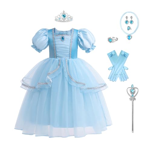 Princess Cinderella Costume for Girls Birthday Party Outfit Halloween Cosplay Dress up with Accessories Blue for 5T-6