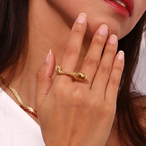 Unique Big Waterdrop Statement Open Ring for Women Girls 18k Golden Plated Long Teardrop Geometric Expandable Adjustable Stacking Finger Bands Personalized Comfort Fit Rings Jewelry Gifts Wedding3