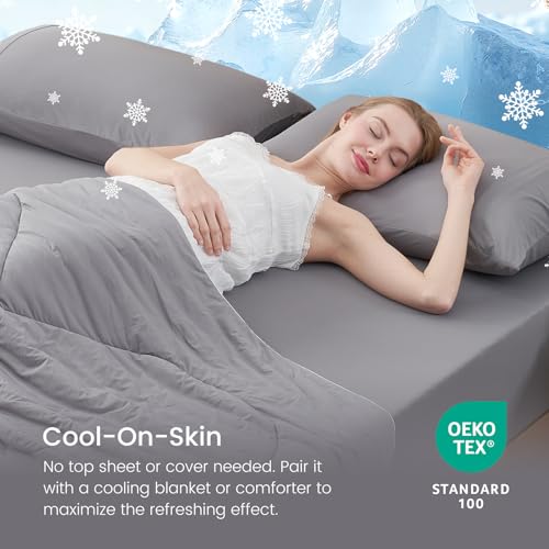 Cozy Bliss Premium Cooling Sheet Set Queen Size, Q-Max>0.4, 3PCS No Flat Sheet with 2 Pillowcases, Breathable Fitted Sheet for Hot Sleepers & Night Sweats, Deep Pocket Up to 18 Inches, Dark Grey