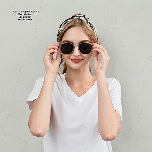 J+S Premium Military Style Classic Aviator Sunglasses, Polarized, 100% Uv Protection (Medium Square Frame - Silver Frame/Black Square Lens) #TOP6