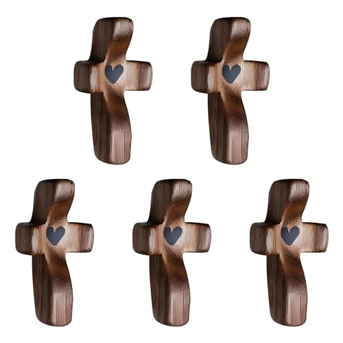 wellhouse Encouragement Gift Wooden Cross Fingertip Stress Relief Gifts Pocket Small Cross Religious Gift Handheld Wooden Cross My Heart(Walnut 5pcs)