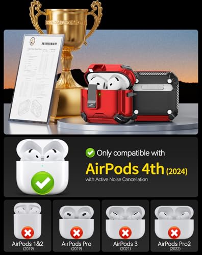 Image of Pohgelan Compatible with AirPods 4 Case (Red) | Magnetic Automatic Lock with Phone Stand & Cleaning Kit,Compatible with Magsafe