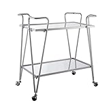 Linon Gina Silver Mid Century Bar Cart with Mirrored Shelves on Locking Castors