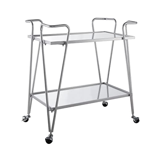 Linon Gina Silver Mid Century Bar Cart with Mirrored Shelves on Locking Castors